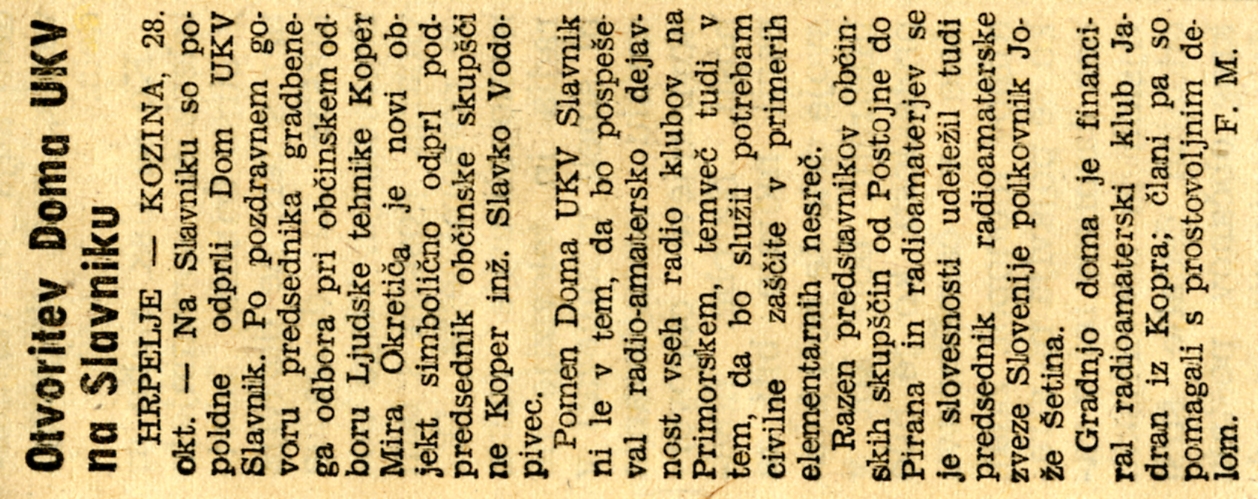 Članek o "Otvoritvi Doma UKV na Slavniku "28.10.1965