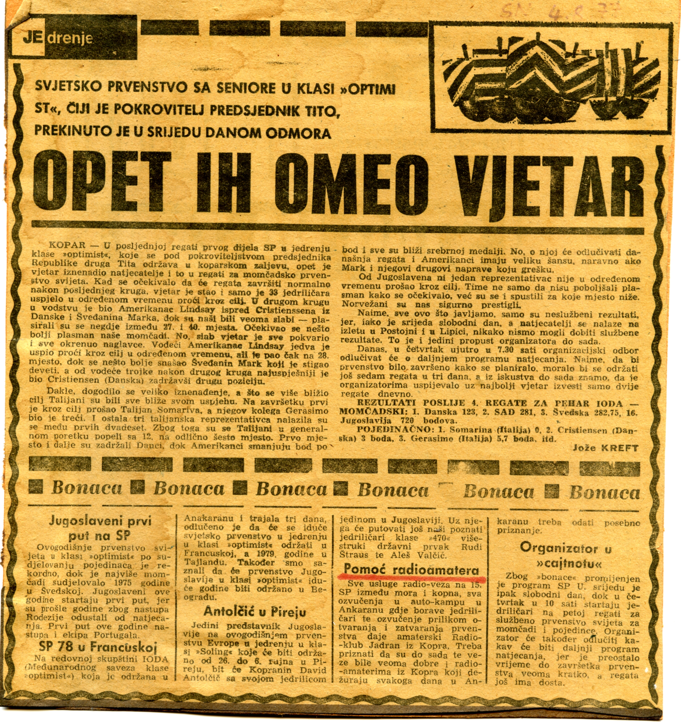 Članek o svetovnem prvenstvu jadrnic Optimist 1977